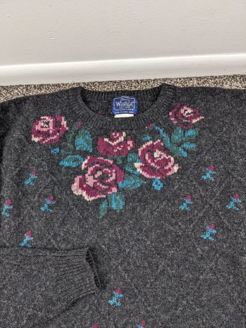 Vintage Woolrich Sweater Wool Floral Cable Knit Argyle Crewneck Womens XL